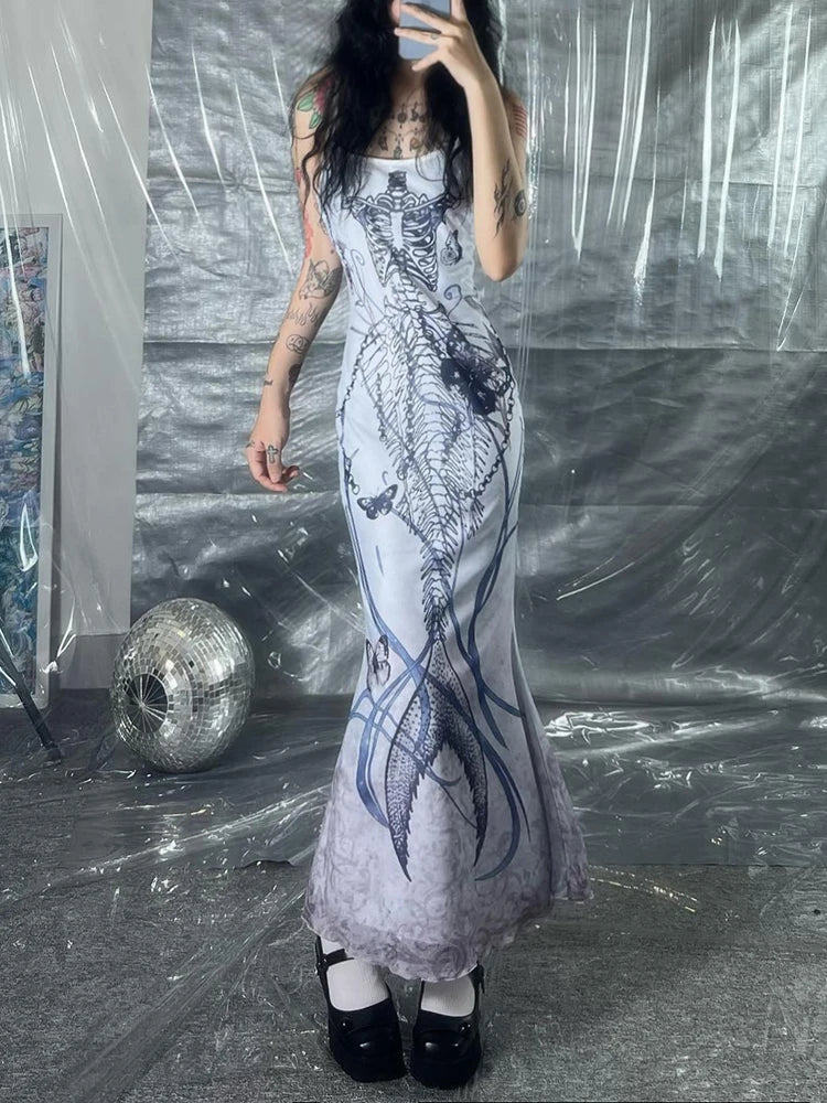 Print Goth Y2K Spaghetti Straps Dress Women Aesthetic Mermaid Summer Dresses