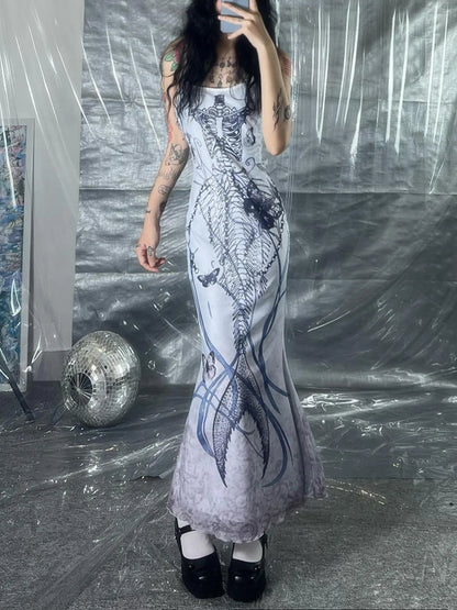 Print Goth Y2K Spaghetti Straps Dress Women Aesthetic Mermaid Summer Dresses