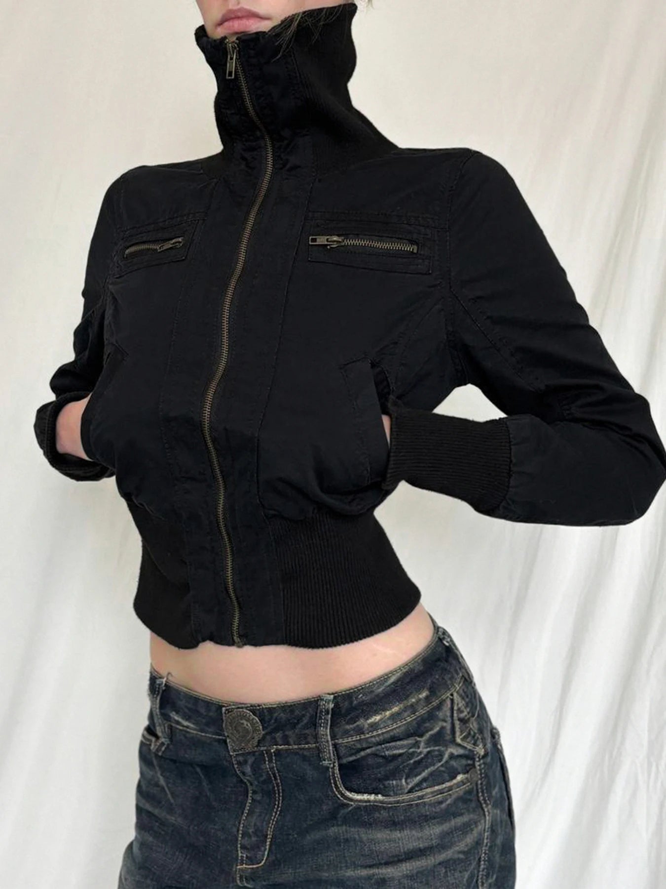 Korean Street Style Black Zip Up Turtleneck Slim Long Sleeve Bomber Jackets For Women  Autumn New Fashion Gothic Outwears