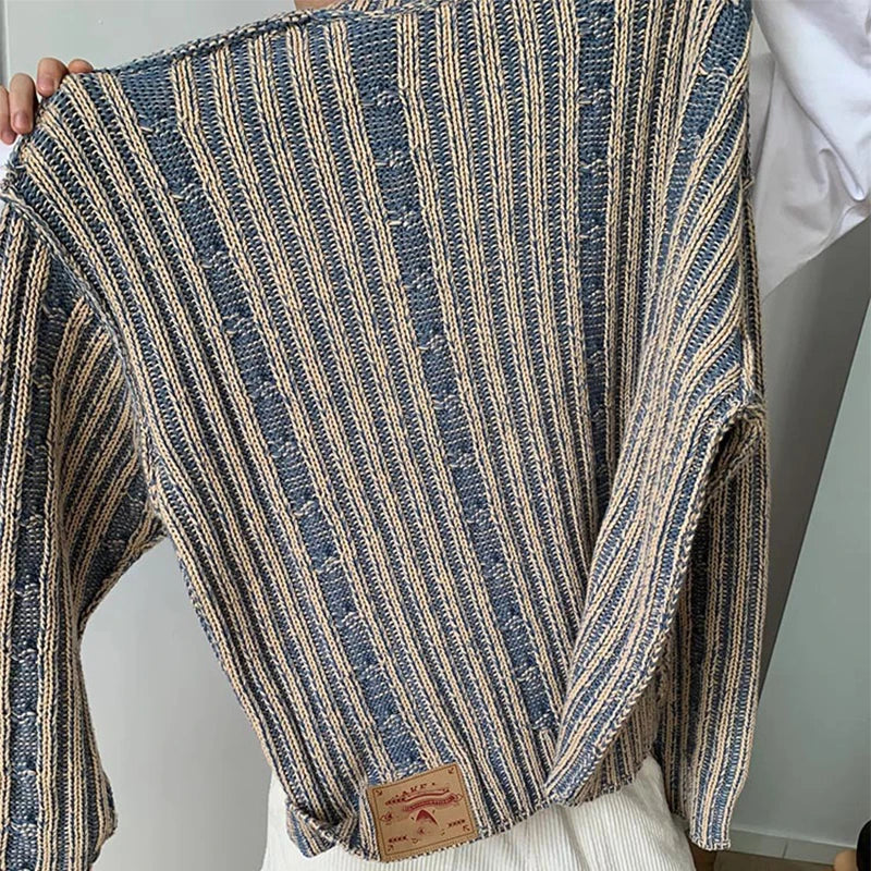 Voguable  Fashionable Striped Knitting Sweaters Streetwear Y2K Loose O Neck Long Sleeve Knit T-shirts Vintage Sweater Tops