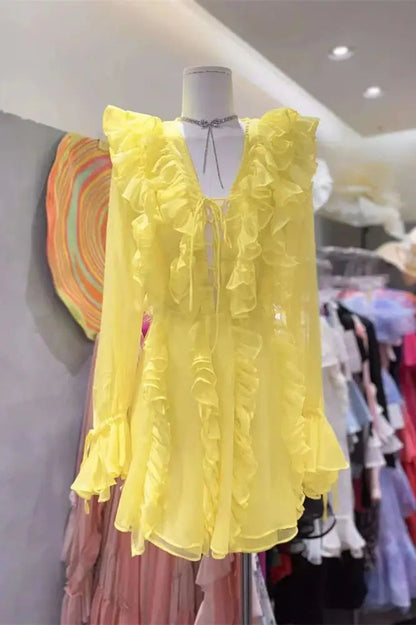 V-Neck Lace-Up Ruffled Mini Dress