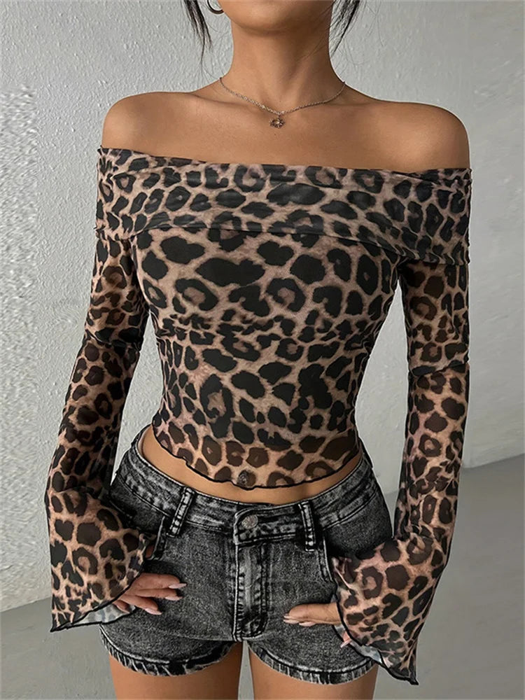Leopard Printed Mesh T-shirt Top For Women Off-Shoulder Long Sleeve Cropped Y2k Top Pullover Contrast Female Slim Tee