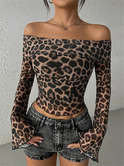 Leopard Printed Mesh T-shirt Top For Women Off-Shoulder Long Sleeve Cropped Y2k Top Pullover Contrast Female Slim Tee