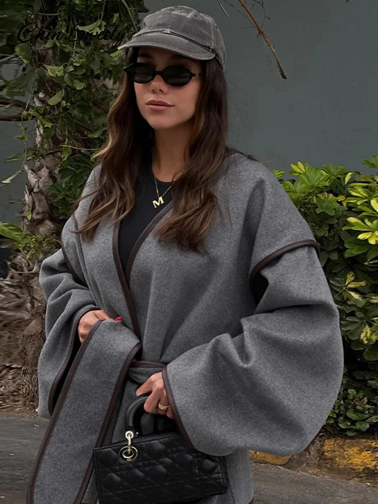 Elegant Patchwork Belt Women’s Coats Women Contrast V-neck Long Sleeve Pocket Female Overcoats  Autumn Lady New in Outwear