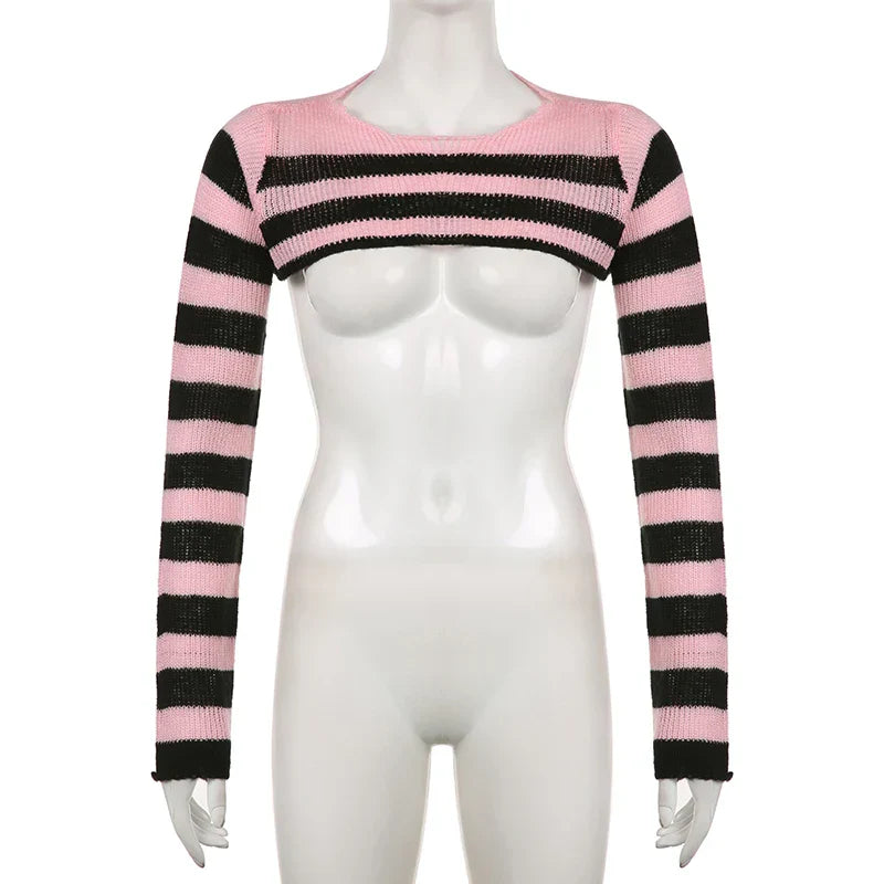 Voguable y2k Pink And Black Contrast Color Super-short Sweater Pullovers Dark Academia Cute Knitted Smock Tops Kawaii Jumper New