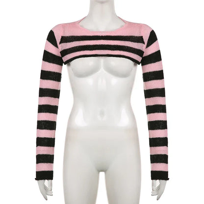 Voguable y2k Pink And Black Contrast Color Super-short Sweater Pullovers Dark Academia Cute Knitted Smock Tops Kawaii Jumper New