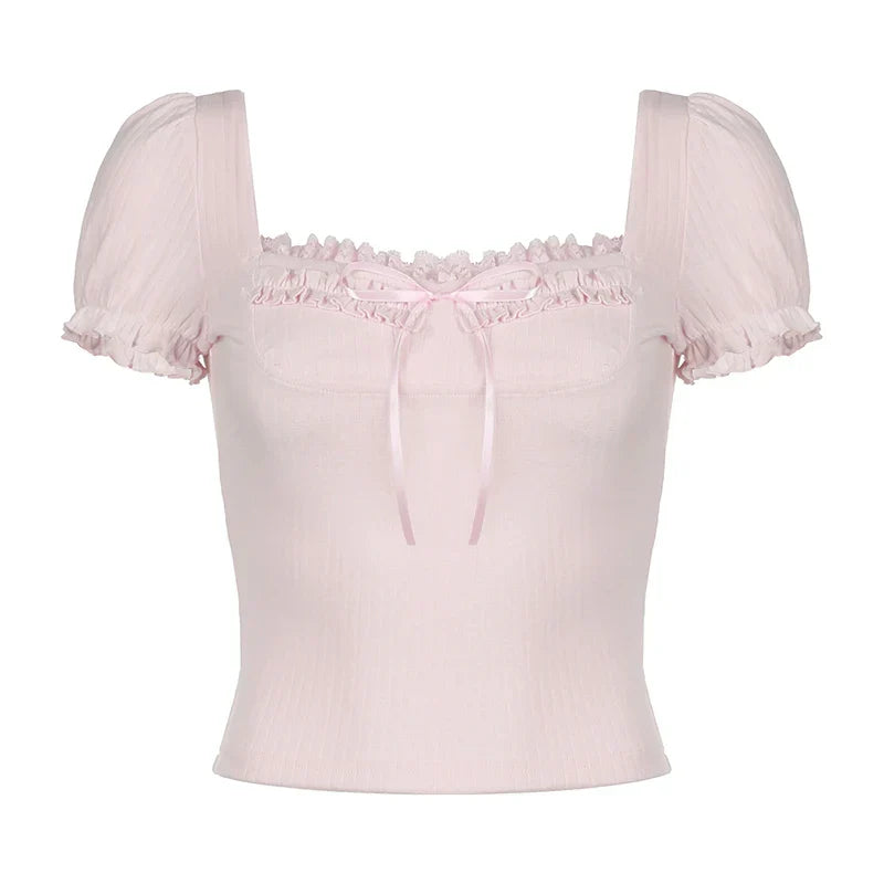 Voguable Cute Frill Lace Bow Decorate Top Puff Short Sleeve Square Collar T-shirts Y2K Aesthetic Tees Coquette