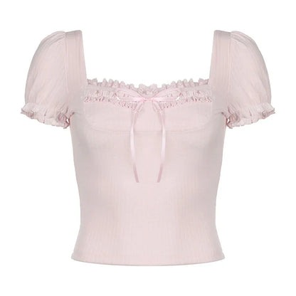 Voguable Cute Frill Lace Bow Decorate Top Puff Short Sleeve Square Collar T-shirts Y2K Aesthetic Tees Coquette
