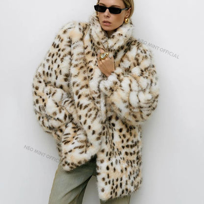 Exclusive Long Brown Leopard Fox Fur Coat Women Winter  New Luxury Hot Brand Fashion Girls Faux Fur Jacket Overcoat