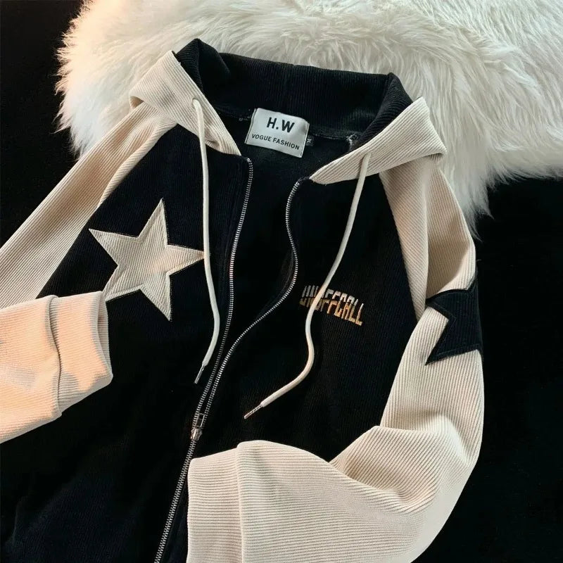 Voguable Y2K Harajuku Style Star Patch Zipper Hooded Streetwear Popular Casual Joker Sweatshirt Unisex Stitching Tops