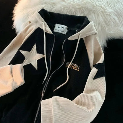 Voguable Y2K Harajuku Style Star Patch Zipper Hooded Streetwear Popular Casual Joker Sweatshirt Unisex Stitching Tops