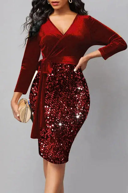 Sequin Patchwork High Waist Midi Dress