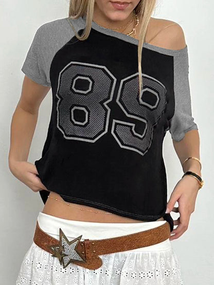 American Retro Casual Football Tee Jersey Figure Print Contract Patchwork Short Sleeve Loose Casual Summer Preppy T Shirt Women