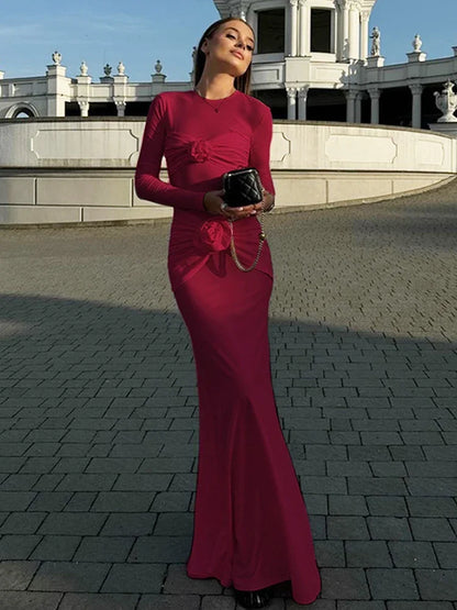 Sexy Slim Ruched Flower Maxi Dress For Women Long Sleeve Solid Party Streetwear Outfits Elegant High Elasticity Dresses