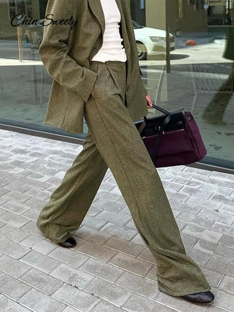 Elegant Coat Pant Sets Woman Fashion Lapel Long Sleeve Single Breasted Blazer Wide Leg Pants 2 Piece Set For Women Loose Outfits