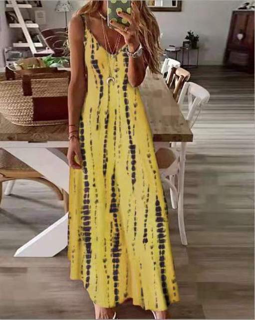 Casual Printed Maxi Spaghetti Strap Dresses For Women V-neck Backless A-line Long Dress Fashion Bohemian Style Beach Vestidos