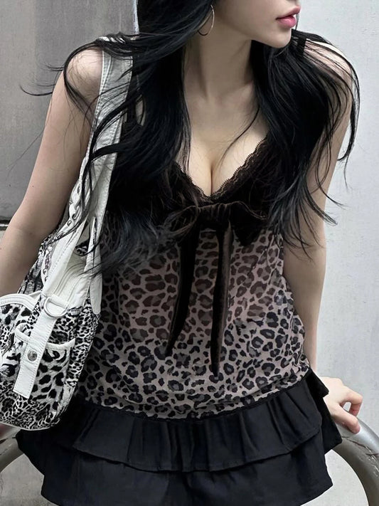 Bow Lace Up Leopard Halter Tops Sexy Y2k Velvet Lace Trim V-Neck Camisole Hotsweet Chic s Clothing Streetwear