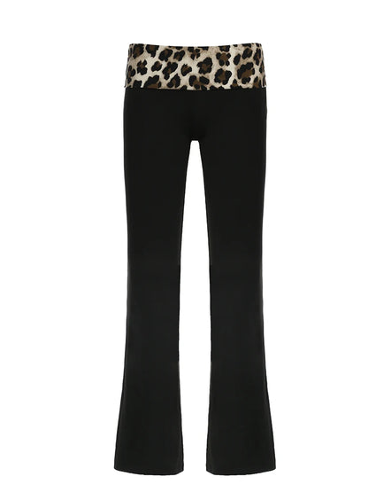 Patchwork Leopard Low Waist Y2K Flared Pants Women Slim Sexy Black Baddie Girl Streetwear Trousers