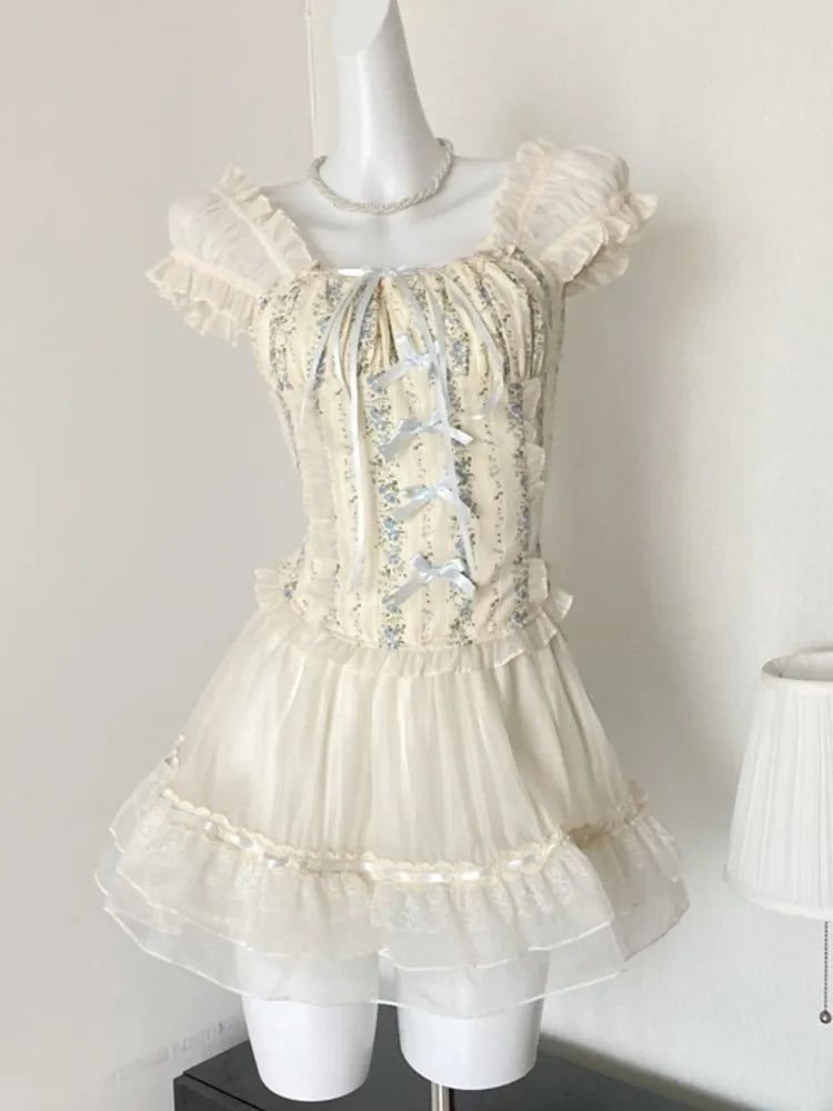 Y2K Two-piece Skirt Set Off Shoulder Square Collar Lace-up Cropped Top A-line Mini Skirt Sweet Summer New Slim Princess Outfits