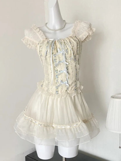Y2K Two-piece Skirt Set Off Shoulder Square Collar Lace-up Cropped Top A-line Mini Skirt Sweet Summer New Slim Princess Outfits