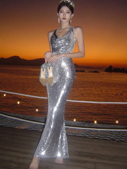 Sexy Bodycon Sequined Prom Robe V-neck Backless Sleeveless Evening Party Dress Wedding Slim Mermaid Long Dresses for Women New