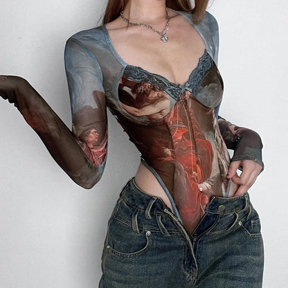 Colorblock Mesh Stitching Sheer Top