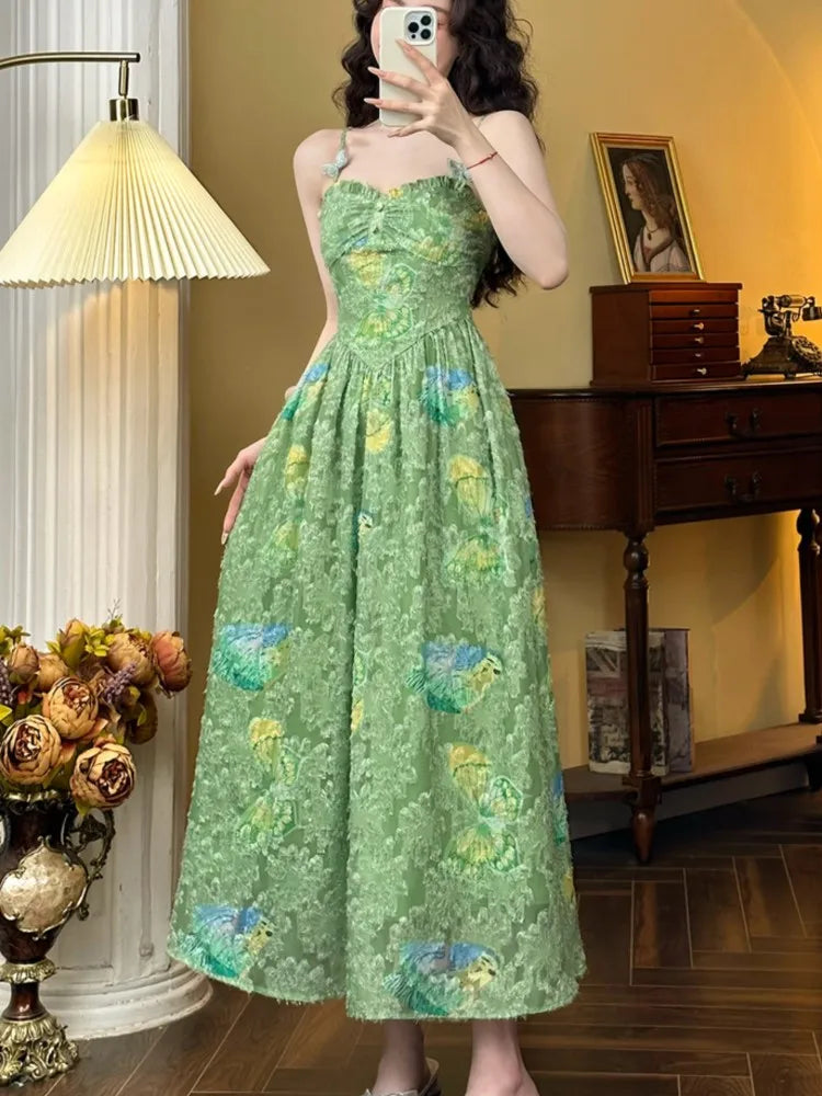 Summer New Floral Printed Spaghetti Strap Midi Dleevees for Women High Waist Holiday Style Korean Fashion One Piece Vestido