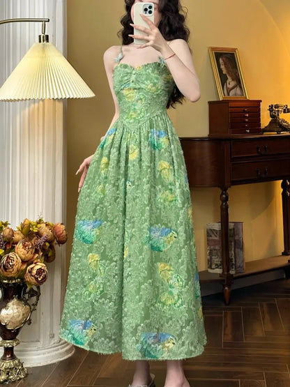 Summer New Floral Printed Spaghetti Strap Midi Dleevees for Women High Waist Holiday Style Korean Fashion One Piece Vestido