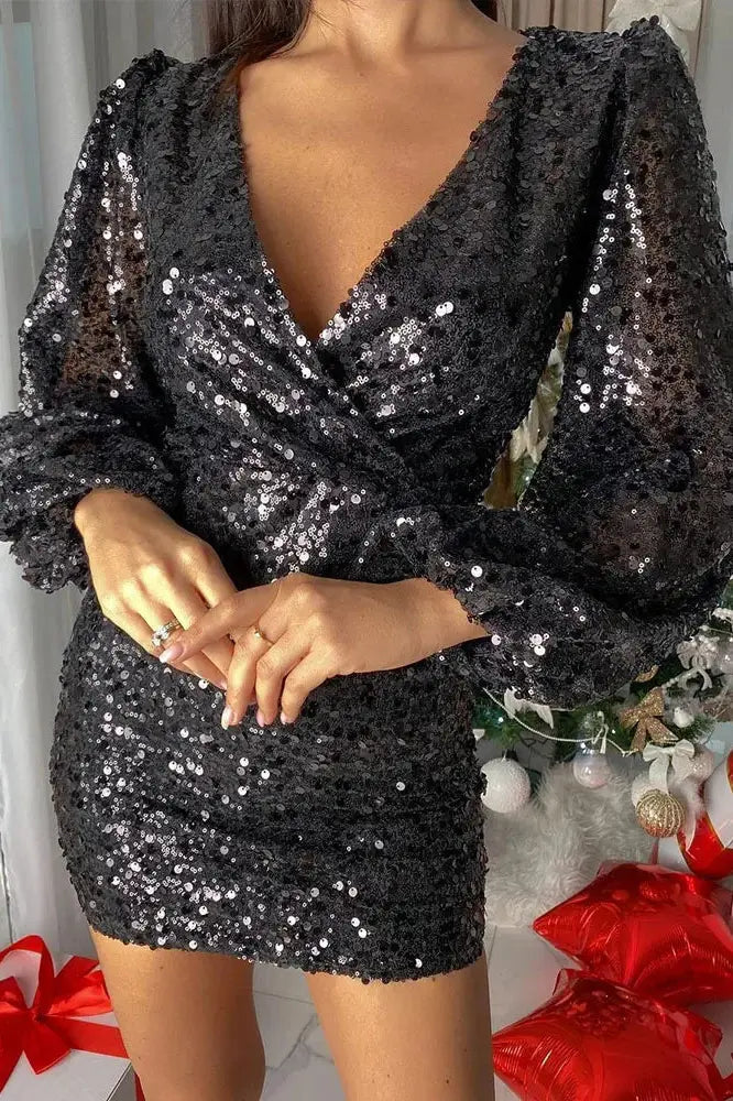 Sequin Mini Dress with Deep V Neck