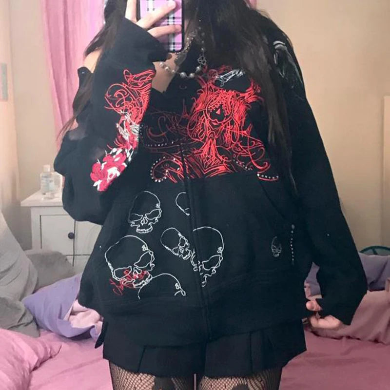 Indie Grunge Graphic Print Zip Up Hoodie Y2K Vintage Clothes Harajuku Grunge Baggy Sweatshirt Korean Kawaii Goth Mall Emo Jacket