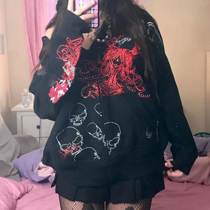 Indie Grunge Graphic Print Zip Up Hoodie Y2K Vintage Clothes Harajuku Grunge Baggy Sweatshirt Korean Kawaii Goth Mall Emo Jacket