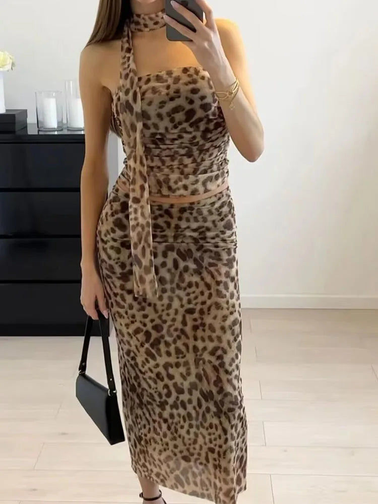 Women’s tulle leopard print top shoulder straight neck and leopard print straight skirt summer casual girls two-piece set