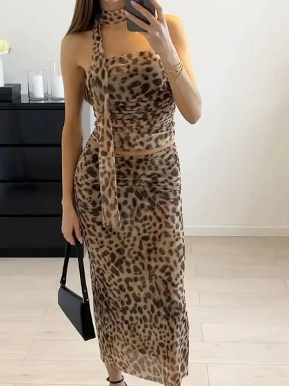 Women’s tulle leopard print top shoulder straight neck and leopard print straight skirt summer casual girls two-piece set