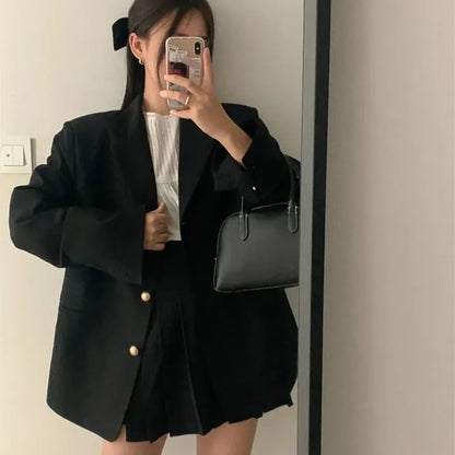 Korean Chic Two-piece Skirt Set Women Single Breasted Blazer Loose Jacket Solid Pleated Mini Skirt Autumn Office Lady Outfits