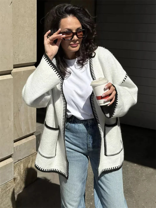 Knit Contrast Cardigan Sweater For Women Lace-Up Pocket Long Sleeve Patchwork Loose Coat Autumn Knitwear Women&#8217;s Outwear