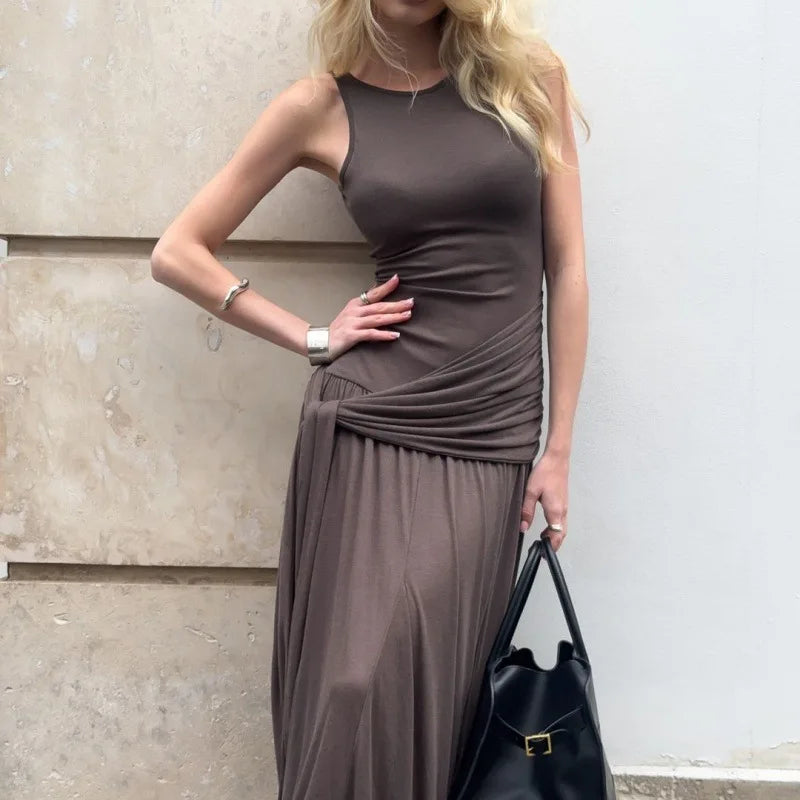 Fashion Ribbon Ruffles Slim Dress For Women Sleeveless Streetwear Long Solid Dress Autumn Lady Club Party Maxi Vest Dress
