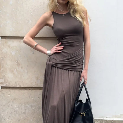 Fashion Ribbon Ruffles Slim Dress For Women Sleeveless Streetwear Long Solid Dress Autumn Lady Club Party Maxi Vest Dress