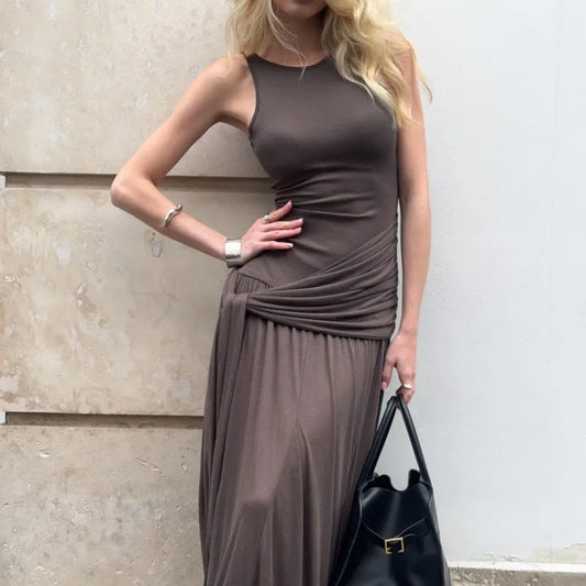 Fashion Ribbon Ruffles Slim Dress For Women Sleeveless Streetwear Long Solid Dress Autumn Lady Club Party Maxi Vest Dress
