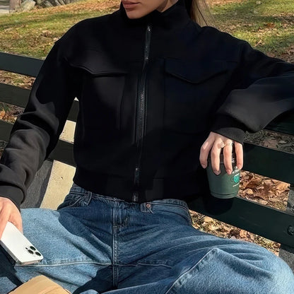 Women Pocket Sweatshirt Casual Solid Color Zipper Crop Jacket Autumn Outfits Turtleneck Fashion Y2K Coat Streetwear