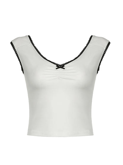 Contrast Binding Ruched V Neck Short Sleeve Y2K T Shirt Women Cute 2000s Clothes