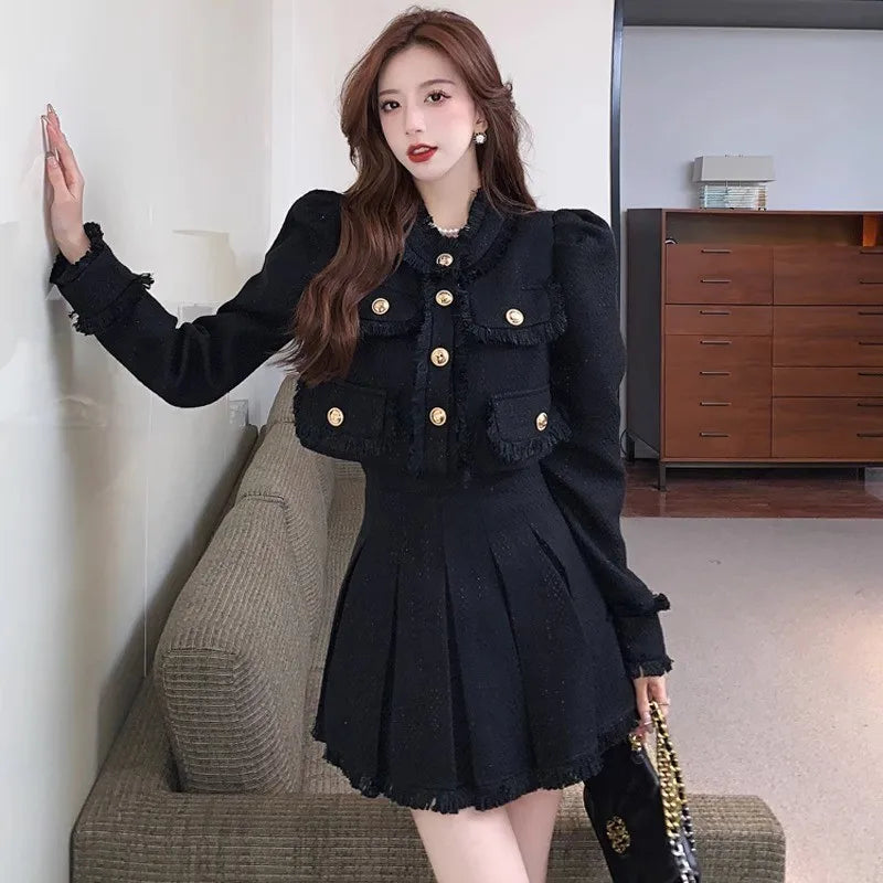 Elegant Tweed Suit 2-piece Skirt Set Autumn Winter New French Style Cropped Jacket Coat Mini Skirt Korean Fashion Female Outfits