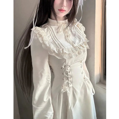 Japanese Style Kawaii Lace-up Midi Dresses Women Princess Party Dress Long Sleeve O-neck High Waist Y2K Gothic Vestidos Mujer