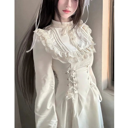 Japanese Style Kawaii Lace-up Midi Dresses Women Princess Party Dress Long Sleeve O-neck High Waist Y2K Gothic Vestidos Mujer