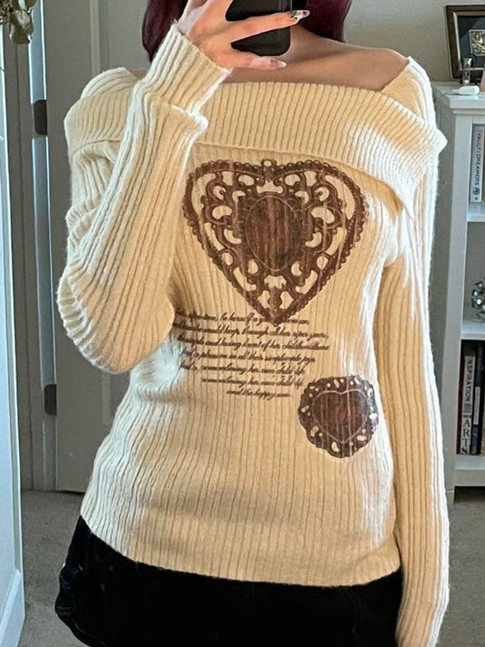 White Autumn Winter New Sweater Women Long Sleeve Y2k Retro Heart Print Top Off Shoulder Hotsweet Slim Pullovers