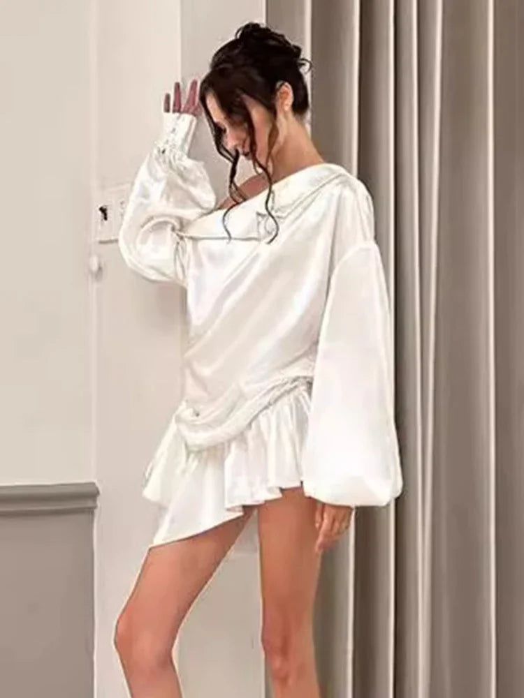 Elegant Draped Mini Dress For Women Sexy Backless Irregular Skew Collar Long Sleeve Party Dresses Solid High Waist