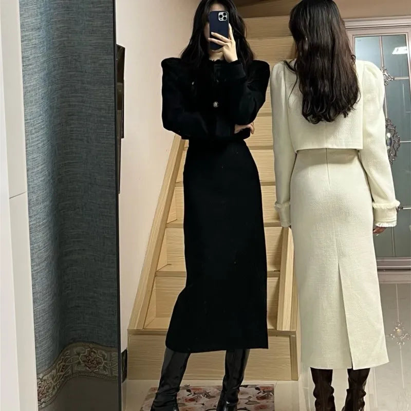 Korean Fashion Elegant Two-piece Skirt Sets Women Crop Jacket Coat Bodycon Midi Skirt Autumn Winter New Female Luxury Outfits