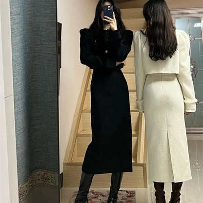 Korean Fashion Elegant Two-piece Skirt Sets Women Crop Jacket Coat Bodycon Midi Skirt Autumn Winter New Female Luxury Outfits