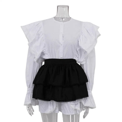 Ruffled Flare Sleeve Shirt Dress For Women With High Waisted Shorts Contrast Color Patchwork Mini Party Dress Autumn New