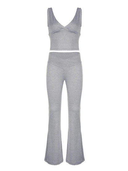 Gray Slim Sleeveless V Neck Vest And V Shape Waist Flared Leggings 2 Pieses Pants Sets Womens Summer Baddie Outfits