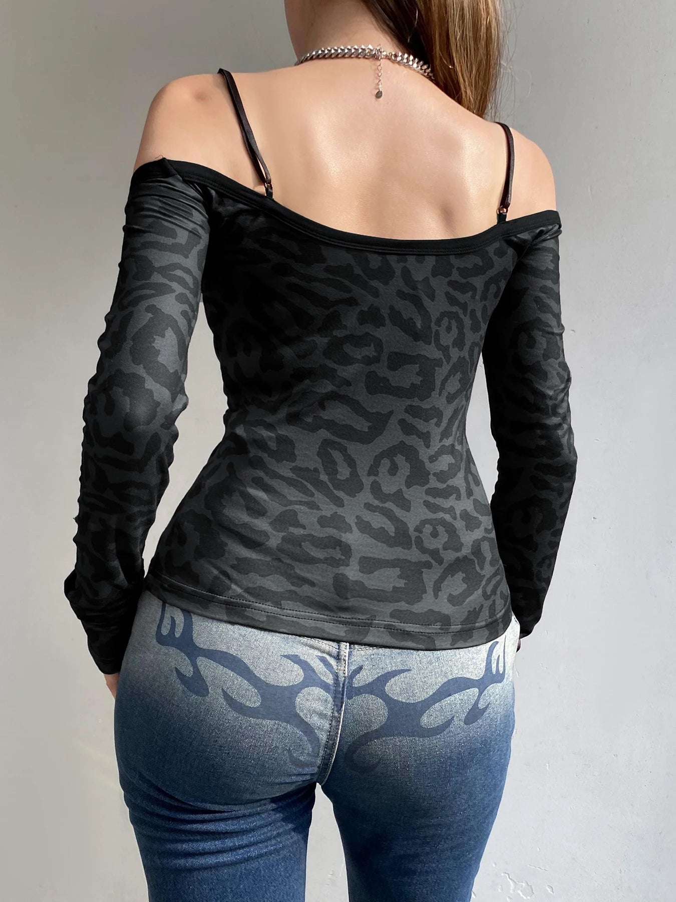 Slim Leopard Lace Halter Tops Fake Two Piece Top Off Shoulder Women Sexy Y2k Hotsweet Long Sleeve Top Autumn New